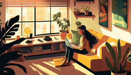 A young Asian student sits in a comfortable, sunlit living room, engrossed in a video conference with her teacher and classmates on a laptop, Generative AI.の素材