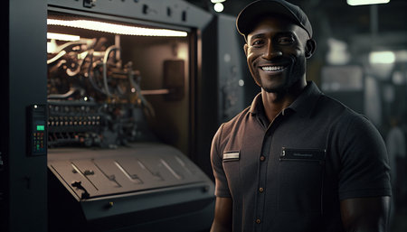 Black man at programmable machine in manufacturing industries, Generative AIの素材