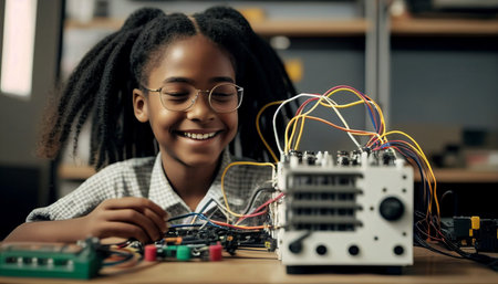 Multiethnic children learn robot programming, cables, and colored blocks, as well as Generative AI.の素材