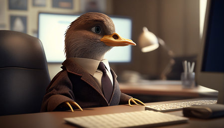 a duck in a business suit at the office, working on a computer, Generative AIの素材