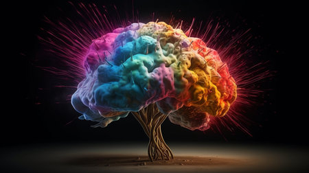 Generative AI concept illustration depicting a human brain bursting with knowledge and creativityの素材
