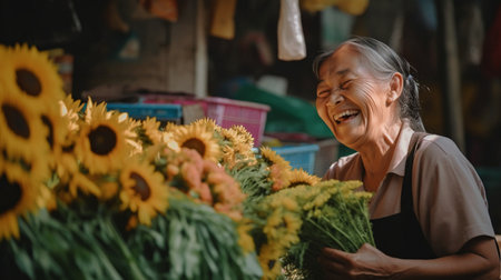Generative AI shows a happy young woman choosing new cuttings at the neighborhood flower store.の素材