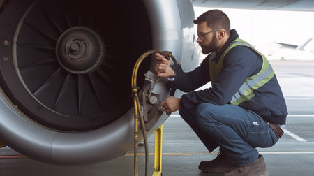 Generative AI of a male mechanic inspecting the wheels of an aircraft while wearing earmuffsの素材