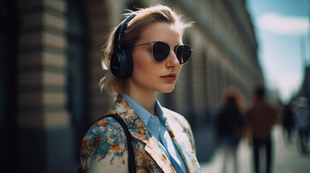 Foto de In the center of the city on a sunny day, a young, confident woman wearing headphones is working or heading to work. Generative AI - Imagen libre de derechos