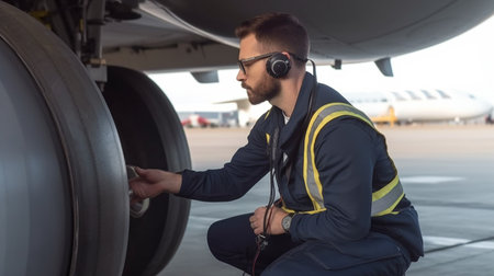 Generative AI of a male mechanic inspecting the wheels of an aircraft while wearing earmuffsの素材