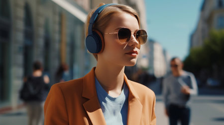 In the center of the city on a sunny day, a young, confident woman wearing headphones is working or heading to work. Generative AIの素材