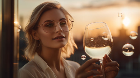 Generative AI smile model man enjoying red wine through a glass of bubbles with a cityscape at sunset in the background.の素材