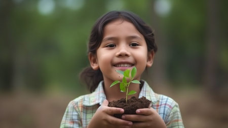 A child is grinning while holding a budding plant against a springtime green background. Earth Day for the Environment Growing seedlings in the hands of trees. Generative AI, idea ecologyの素材