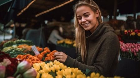 Generative AI shows a happy young woman choosing new cuttings at the neighborhood flower store.の素材