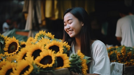 Generative AI shows a happy young woman choosing new cuttings at the neighborhood flower store.の素材