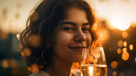 Generative AI smile model man enjoying red wine through a glass of bubbles with a cityscape at sunset in the background.の素材