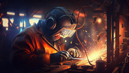 Construction site. A man in a helmet connects details with a welding machine, Generative AIの素材