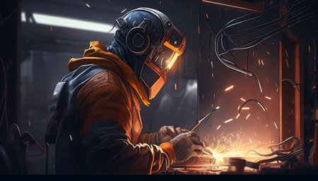 Construction site. A man in a helmet connects details with a welding machine, Generative AIの素材