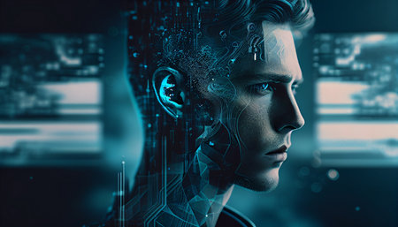 Every industry technology, including artificial intelligence, is being disrupted by digital transformation. Double exposure of a masculine face, Generative AIの素材
