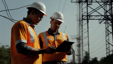 Asian Manager Engineering and a worker in a conventional safety uniform inspect an electricity high voltage pole using Generative AI.の素材