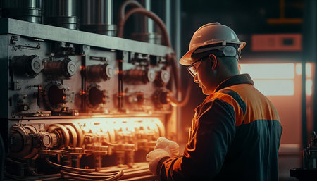 Engineer verify the state of work at the facility, Industrial zone steel pipelines and valves, engineer maintain power plan equipment, Generative AIの素材