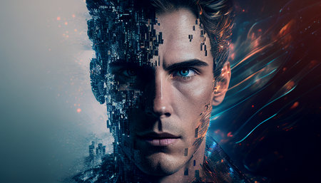 Every industry technology, including artificial intelligence, is being disrupted by digital transformation. Double exposure of a masculine face, Generative AIの素材