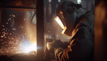 Construction site. A man in a helmet connects details with a welding machine, Generative AIの素材