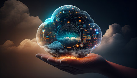 Handling virtual cloud computing with world and technology items such as upload and download. Cloud technology for large data management includes corporate planning and Generative AI.の素材