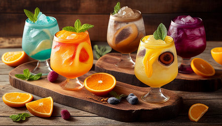 An array of coconut soft drinks shown on a hardwood background. The drinks are organized in such a way that their vibrant colors and diverse textures are highlighted. The Generative AIの素材