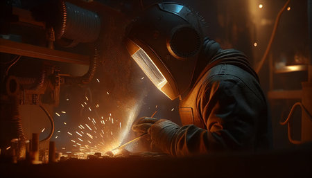 Construction site. A man in a helmet connects details with a welding machine, Generative AIの素材