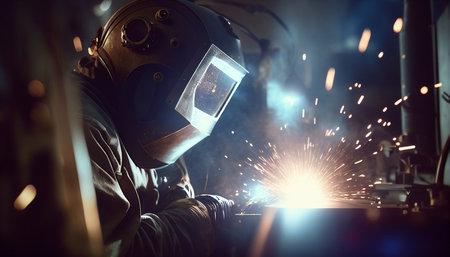 Construction site. A man in a helmet connects details with a welding machine, Generative AIの素材