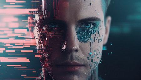 Every industry technology, including artificial intelligence, is being disrupted by digital transformation. Double exposure of a masculine face, Generative AIの素材