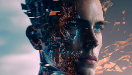 Every industry technology, including artificial intelligence, is being disrupted by digital transformation. Double exposure of a masculine face, Generative AIの素材