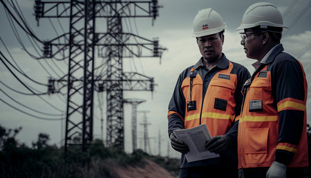Asian Manager Engineering and a worker in a conventional safety uniform inspect an electricity high voltage pole using Generative AI.の素材