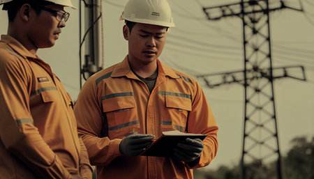 Asian Manager Engineering and a worker in a conventional safety uniform inspect an electricity high voltage pole using Generative AI.の素材