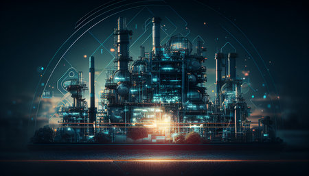 Industry 4.0 and Energy Conservation Concept. Energy emblem and network double exposure with oil refinery business plant background, Generative AIの素材