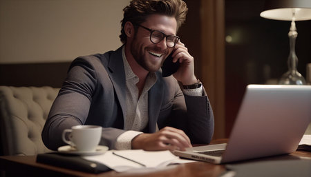 Generative AI is a young businessman sitting at home on a desk with a mobile phone and a notebook computer.の素材