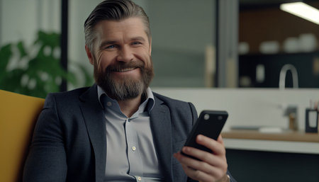 Generative AI portrait of a cheerful guy boss holding a mobile phone and seated at his desk.の素材