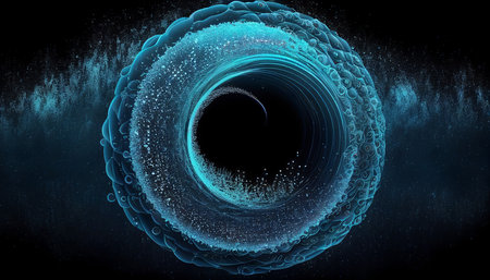 Blue wave with an abstract technology circle. Particle motion. Visualization of big data transfer, Generative AIの素材