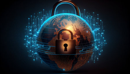 In this abstract cyberattack block concept, Generative AI, a shield with a lock icon is depicted on a circuit board and network wireframe with binary code over a background.の素材