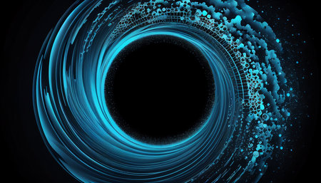 Blue wave with an abstract technology circle. Particle motion. Visualization of big data transfer, Generative AIの素材