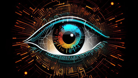 Digital eye, data network, and cyber security technology, Virtual cyberspace and internet secure surveillance technology, Generative AIの素材