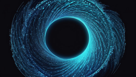 Blue wave with an abstract technology circle. Particle motion. Visualization of big data transfer, Generative AIの素材