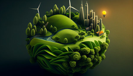From within, a light bulb with a bright green eco-city appeared. Solar panels and wind turbines are installed on the city's structures. Generative AI integrates green space into the urban landscape.の素材