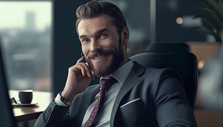 Generative AI portrait of a cheerful guy boss holding a mobile phone and seated at his desk.の素材
