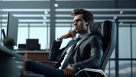 Young businessman sitting in an office chair, text space, Generative AIの素材