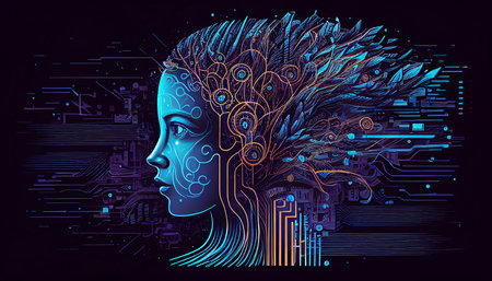 A cyber head made up of elaborate drawings that depict AI technology. The robotic head is floating in cyberspace, surrounded by future features, according to Generative AI.の素材