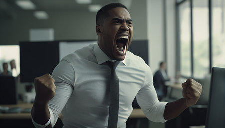 Winner. A young African-American businessman is overjoyed, celebrating in the office with Generative AI.の素材