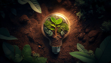 A little green plant that develops from a bulb put in the ground and receives plenty of sunshine. The Generative AIの素材