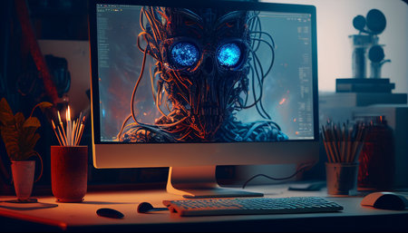 The guy sitting at the computer was surprised by Generative AI.の素材