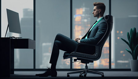 Young businessman sitting in an office chair, text space, Generative AIの素材