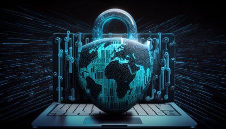 In this abstract cyberattack block concept, Generative AI, a shield with a lock icon is depicted on a circuit board and network wireframe with binary code over a background.の素材