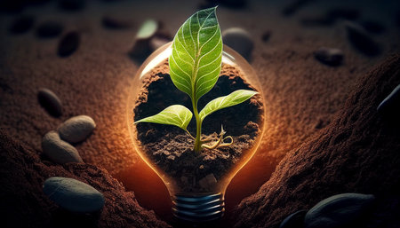 A little green plant that develops from a bulb put in the ground and receives plenty of sunshine. The Generative AIの素材