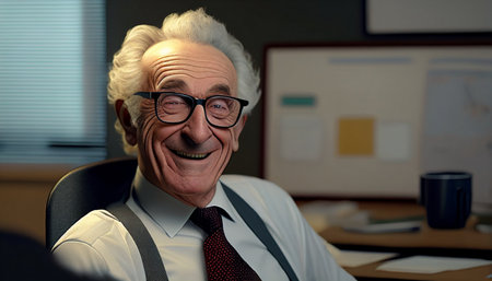 Generative AI portrait of a cheerful guy boss holding a mobile phone and seated at his desk.の素材