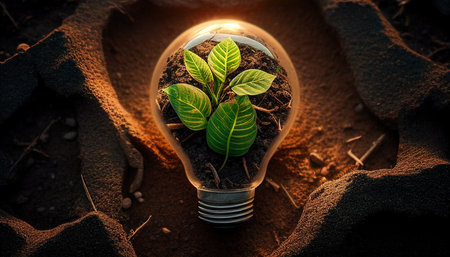 A little green plant that develops from a bulb put in the ground and receives plenty of sunshine. The Generative AIの素材